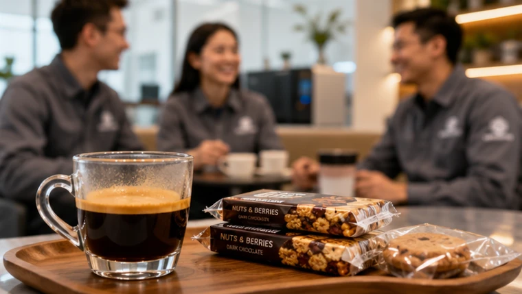 Workforce wellness refreshment zone serving premium snacks and espresso to technical engineers. Workforce wellness refreshment zone serving premium snacks and espresso to technical engineers.